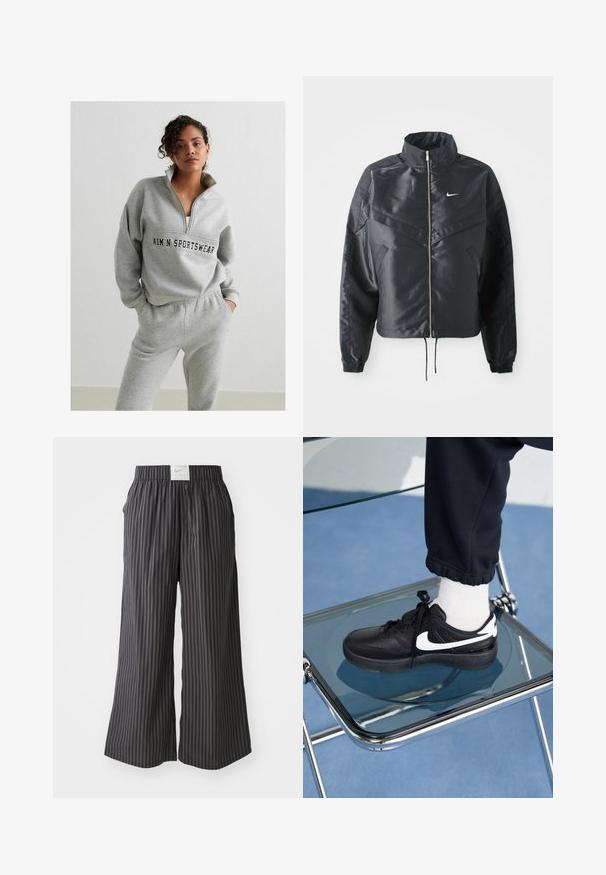 Schwarze, verkürzte Jacke mit hohem Kragen, Reißverschluss, Elastan-Ärmeln und einem weißen Nike-Logo. Glattes, glänzendes Material mit leicht strukturiertem Oberflächeneffekt.; Grauer Pullover-Sweatshirt mit Reißverschlusskragen, versehen mit einem Logo in der Mitte. Kombiniert mit passenden grauen Jogginghosen mit elastischem Bund.; Schwarz- und graustrichige weite Hosen mit elastischem Bund und Nike-Logo-Tag hinten. Leichter Stoff, lockerer Schnitt.; Schwarze Nike-Sneaker mit weißen Akzenten, die über eine glatte Ledertextur, ein Schnürdesign und eine abgerundete Zehenform verfügen, platziert auf einem Glasstuhl.