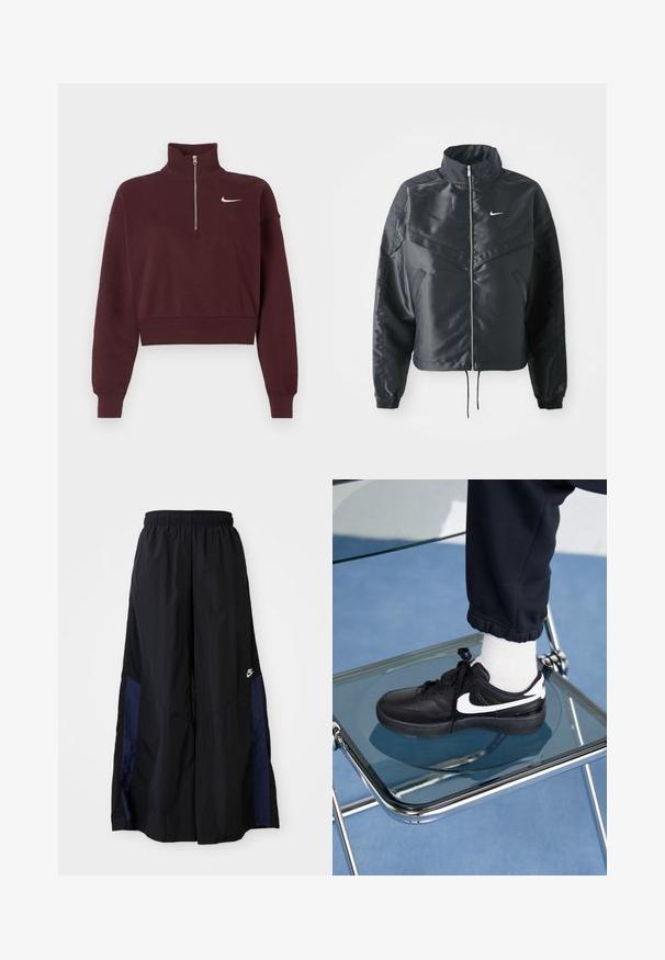 Schwarze, verkürzte Jacke mit hohem Kragen, Reißverschluss, Elastan-Ärmeln und einem weißen Nike-Logo. Glattes, glänzendes Material mit leicht strukturiertem Oberflächeneffekt.; Weinrot Nike Cropped-Sweatshirt mit langen Ärmeln, gerippten Bündchen, hohem Kragen, Viertel-Reißverschluss und weißem Swoosh-Logo auf der linken Brust.; Schwarze weit geschnittene Hose aus leichtem Stoff, mit einem dunkelblauen Seitenpanel und einem elastischen Bund. Kleines weißes Logo am unteren Ende.; Schwarze Nike-Sneaker mit weißen Akzenten, die über eine glatte Ledertextur, ein Schnürdesign und eine abgerundete Zehenform verfügen, platziert auf einem Glasstuhl.