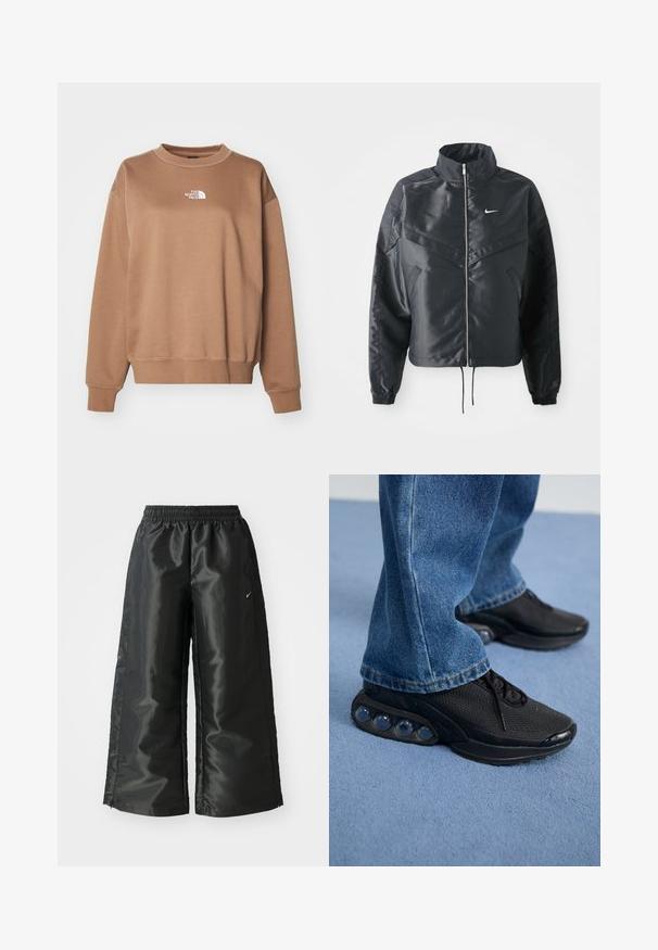 Fekete, rövidített dzseki magas gallérral, cipzáras záródással, elasztikus mandzsettákkal, és fehér Nike logóval. Simább, fényes anyag, enyhén textúrázott felülettel.; Barna, pamutból készült pulóver, bordás kerek nyakkivágással és hosszú ujjakkal. Az elején egy fehér logó látható a mellrészen.; Fekete sportnadrág fényes, sima anyagból, rugalmas derékkal, széles lábakkal és egy kis logóval a bal oldalon.; Fekete sportcipők hálós felsőrésszel, textúrázott részletekkel és a talpban látható lég párnázó zsebekkel. Kék farmernadrággal viselve.