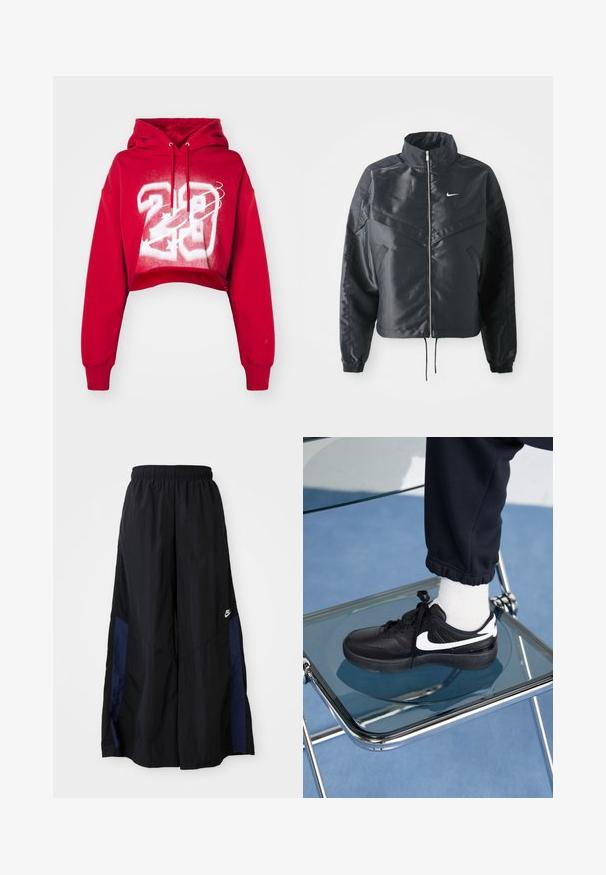 Schwarze, verkürzte Jacke mit hohem Kragen, Reißverschluss, Elastan-Ärmeln und einem weißen Nike-Logo. Glattes, glänzendes Material mit leicht strukturiertem Oberflächeneffekt.; Rote, kurze Kapuzenjacke mit einer Kordelzugkapuze und weißem Frontdruck, der die Nummer "23" und Designelemente zeigt. Weicher Stoff, lockere Passform.; Schwarze weit geschnittene Hose aus leichtem Stoff, mit einem dunkelblauen Seitenpanel und einem elastischen Bund. Kleines weißes Logo am unteren Ende.; Schwarze Nike-Sneaker mit weißen Akzenten, die über eine glatte Ledertextur, ein Schnürdesign und eine abgerundete Zehenform verfügen, platziert auf einem Glasstuhl.