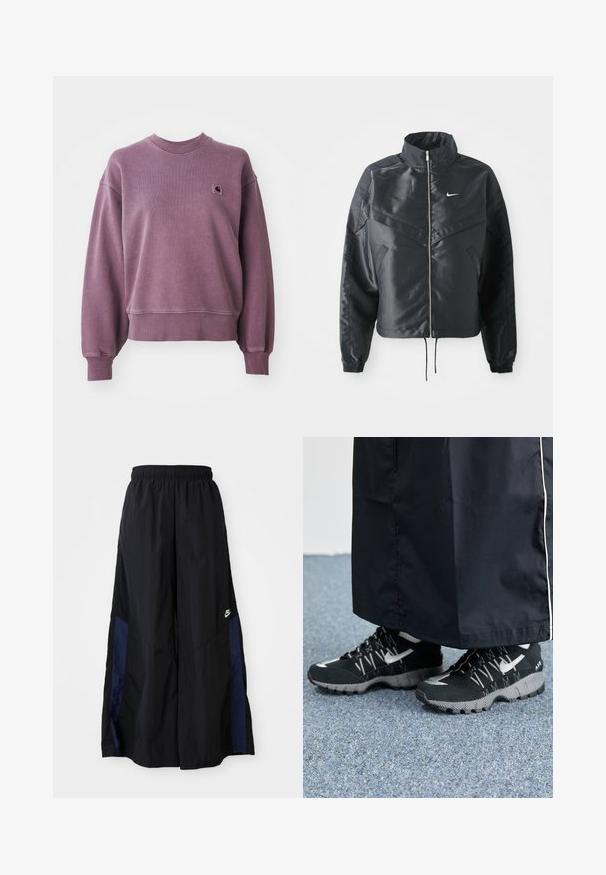 Chaqueta negra corta con cuello alto, cierre de cremallera, puños de elastano y un logo de Nike en blanco. Tejido suave y brillante con una superficie ligeramente texturizada.; Sudadera de cuello redondo morada con puños y dobladillo acanalados, que presenta un pequeño parche cuadrado con el logo de Carhartt en el lado izquierdo del pecho.; Pantalones de pierna ancha negros, confeccionados en una tela ligera, con un panel lateral azul marino y una cinturilla elástica. Logotipo blanco pequeño en la parte inferior.; Zapatillas deportivas negras con un upper texturizado, detalles plateados y una suela con patrón, combinadas con una prenda larga negra. Colocadas sobre una alfombra azul.