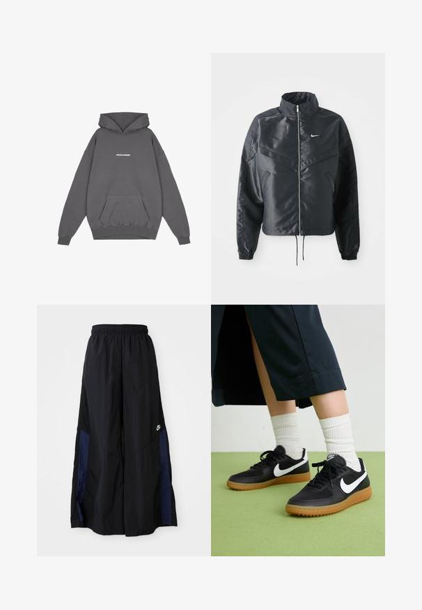 Črna skrajšana jakna z visokim ovratnikom, zadrgo, elastan rokavi in belim logotipom Nike. Gladek, sijoč material z rahlo teksturirano površino.; Pegador CLARITA - Športni pulover - washed deep grey/white gum; Črne široke hlače iz lahkega materiala, z morsko modrim stranskim panelom in elastičnim pasom. Majhna bela oznaka na dnu.; Črne usnjene in sintetične superge z belim Nike swooshom, gumo na podplatu, okroglo konico ter črnimi vezalkami. Vidne so rebraste bele nogavice.