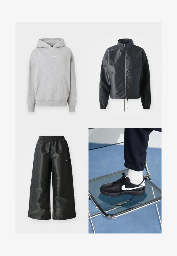 Černá zkrácená bunda s vysokým límcem, zipovým zapínáním, elastickými manžetami a bílým logem Nike. Hladká, lesklá látka s mírně strukturovaným povrchem.; Šedá bavlněná mikina s klokaní kapsou, žebrovanými manžetami a textem "PEGADOR" na hrudi s dalším textem na rukávu.; Černé sportovní kalhoty z lesklé, hladké látky, s elastickým páskem, širokými nohavicemi a malým logem na levé straně.; Černé tenisky Nike s bílými akcenty, s hladkou koženou texturou, šněrovacím designem a zaoblenou špičkou, umístěné na skleněné židli.