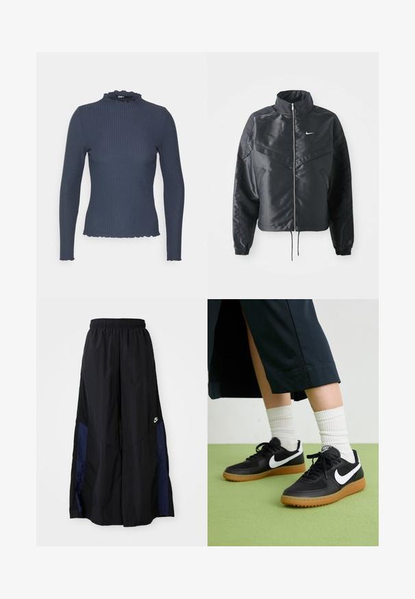 Casaco preto curto com colarinho alto, fecho de zip, punhos em elastano e um logótipo Nike branco. Tecido suave e brilhante com uma superfície ligeiramente texturizada.; Top de mangas longas em tom azul-marinho com textura acolchoada. Apresenta um decote alto com borda em ondas e um design ajustado.; Calças largas pretas feitas de tecido leve, com um painel lateral azul-marinho e cintura elástica. Pequeno logótipo branco na parte inferior.; Sapatilhas pretas em couro e sintético com o logo da Nike em branco, sola de borracha tipo goma, bico redondo e atacadores pretos. Meias brancas com frunces visíveis.