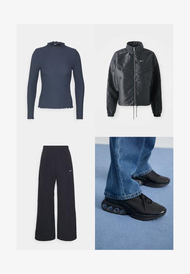 Svart cropped jakke med høy krage, glidelåsåpning, elastiske mansjetter og en hvit Nike-logo. Glatt, shiny stoff med en lett teksturert overflate.; Mørkeblå langermet topp i ribbestrikket tekstur. Har høy hals med bølget kant og en slim fit design.; Svarte vide bukser med elastisk linning og en liten hvit Nike-logo. Stoffet har en glatt tekstur, designet for komfort og uformell bruk.; Svart treningssko med mesh-overdel, teksturerte detaljer og synlige luftputepoder i sålen. Bærer med blå denimjeans.