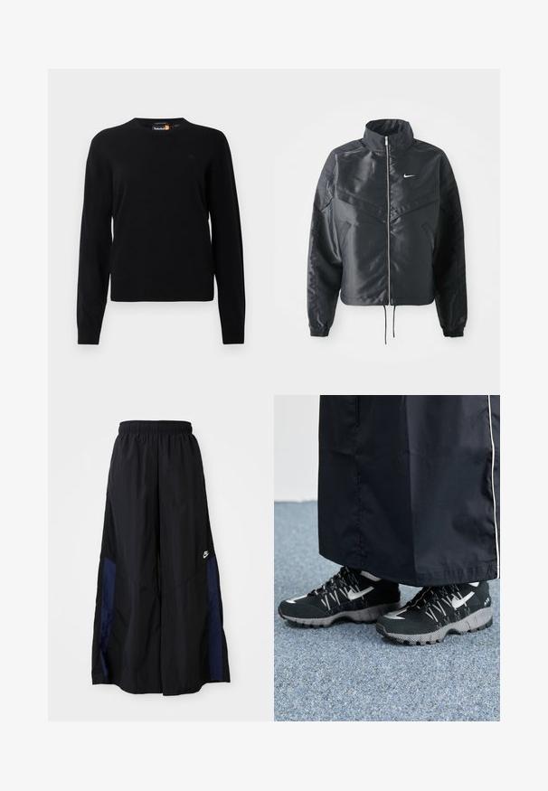 Casaco preto curto com colarinho alto, fecho de zip, punhos em elastano e um logótipo Nike branco. Tecido suave e brilhante com uma superfície ligeiramente texturizada.; Pull preto tricotado com decote redondo, mangas longas e um pequeno logo no peito. Textura macia e corte clássico.; Calças largas pretas feitas de tecido leve, com um painel lateral azul-marinho e cintura elástica. Pequeno logótipo branco na parte inferior.; Tênis atléticos pretos com um cabedal texturizado, detalhes prateados e um solado estampado, combinados com uma peça longa preta. Ambientado sobre um tapete azul.