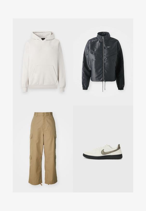 Giacca nera cropped con colletto alto, chiusura a zip, polsini in elastan e logo Nike bianco. Tessuto liscio e lucido con una superficie leggermente texturizzata.; Felpa grigia chiara realizzata in tessuto morbido. Presenta una tasca a marsupio, polsini a coste e un piccolo logo bianco sul petto.; Pantaloni cargo beige con vita alta, gamba ampia e quattro grandi tasche laterali. Realizzati in un tessuto resistente con una texture liscia e dettagli minimi.; Nike Sportswear FIELD GENERAL - Sneakers basse - off-white/black