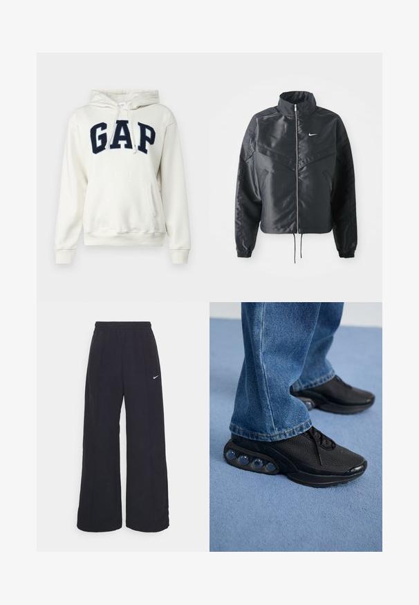 Giacca nera cropped con colletto alto, chiusura a zip, polsini in elastan e logo Nike bianco. Tessuto liscio e lucido con una superficie leggermente texturizzata.; GAP HERITAGE - Felpa - carls stone; Pantaloni neri a gamba larga con cintura elastica e un piccolo logo Nike bianco. Il tessuto ha una texture liscia, progettata per il comfort e l'abbigliamento casual.; Scarpe da ginnastica nere con tomaia in rete, dettagli testurizzati e pod di ammortizzazione visibili nella suola. Indossate con jeans in denim blu.