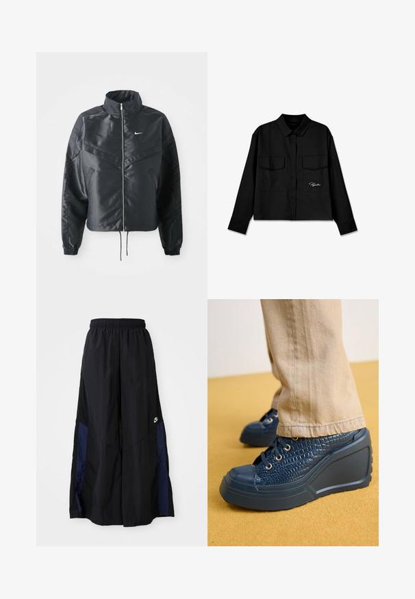 Mustat lyhyet takit, joissa on korkea kaulus, vetoketjukiinnitys, elastaanista valmistetut hihan suut ja valkoinen Nike-logo. Sileä, kiiltävä kangas, jossa on hieman tekstuuria.; Musta lyhythihainen paita, jossa on kärjellinen kaulus, tupla rintataskut, napitettu etuosa ja brodeerattu logo vasemmalla puolella. Silkkinen kangas.; Musta leveälahkeinen housu, joka on valmistettu kevyestä kankaasta. Housuissa on tummansininen sivupaneeli ja joustava vyötärö. Alhaalla on pieni valkoinen logo.; Meripatu merenung laut yang menampilkan material berpola buaya tekstur, lubang tali berwarna emas, dan penutup jari kaki karet, dipadukan dengan celana kain krem.