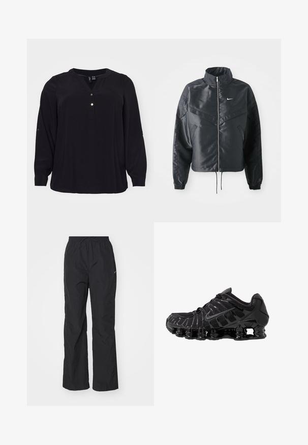 Must kolledžiga must lühike jope, millel on lukuga sulgus, elastne mansett ja valge Nike logo. Sile, läikiv kangas, millel on veidi tekstureeritud pind.; mustast bluus kergest kangast, millel on V-kaelus ja kolm kuldset nuppu. Pikad varrukad, mille mansettides on nuppudega kaunistused.; Mustad musta, kergest materjalist püksid, millel on elastne vöökoht ja nöör. Omab tekstureeritud viimistlust ja väikest peegeldavat logo külgedel.; Must mustusjalats, millel on võrkmaterjalist ülemine osa ja läikivad kattekihtide detailid. Omab kaardus spiraallöögi pehmendust ning tekstuuriga jooni küljel. Nähtav Nike logo.