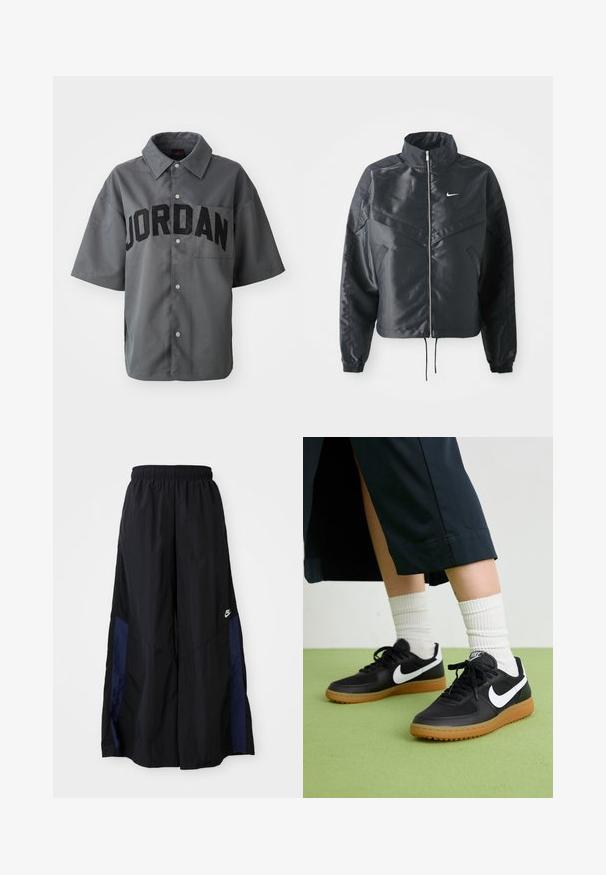 Svart kort jacka med hög krage, dragkedja, ärmslut i elastan och en vit Nike-logotyp. Slät, glänsande tyg med en något strukturerad yta.; Grå kortärmad skjorta med knappstängning som har "JORDAN" i stora svarta bokstäver på framsidan och en bröstficka. Slät textur.; Svarta vida byxor gjorda av lättviktig tyg, med en marinblå sid panel och ett elastiskt midjeband. Litet vitt logotyp nertill.; Svarta läder- och syntetiska sneakers med vit Nike-logga, gummisula, rund tå och svarta snörningar. Ribbad vit strumpor synliga.