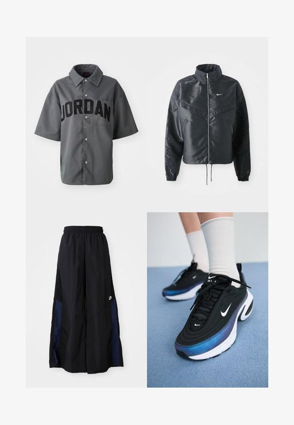Schwarze, verkürzte Jacke mit hohem Kragen, Reißverschluss, Elastan-Ärmeln und einem weißen Nike-Logo. Glattes, glänzendes Material mit leicht strukturiertem Oberflächeneffekt.; Graues kurzärmeliges Shirt mit Knopfverschluss, das "JORDAN" in großen schwarzen Buchstaben auf der Vorderseite und eine Brusttasche aufweist. Glatte Textur.; Schwarze weit geschnittene Hose aus leichtem Stoff, mit einem dunkelblauen Seitenpanel und einem elastischen Bund. Kleines weißes Logo am unteren Ende.; Schwarze Nike-Sneaker mit einem glatten Obermaterial aus Stoff, das ein verlaufendes Design von Blau zu Schwarz aufweist, weiße Sohle und auffällige Logo-Akzente.
