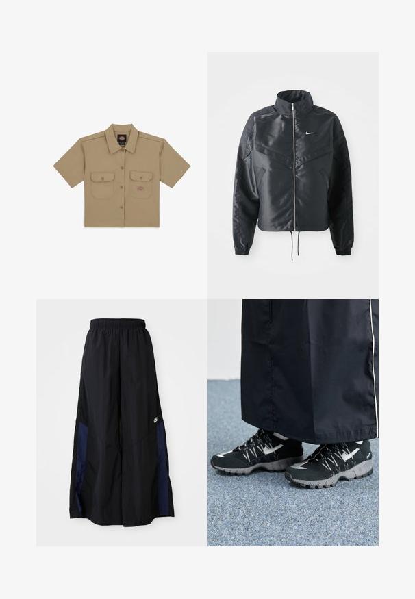 Black cropped jacket with high collar, zip closure, elastane cuffs, and a white Nike logo. Smooth, shiny fabric with a slightly textured surface.; Dickies WORK CROPPED - Button-down blouse - khaki; Black wide-leg pants made of lightweight fabric, featuring a navy blue side panel and an elastic waistband. Small white logo on bottom.; Black athletic shoes with a textured upper, silver accents, and a patterned outsole, paired with a black long garment. Set against blue carpet.