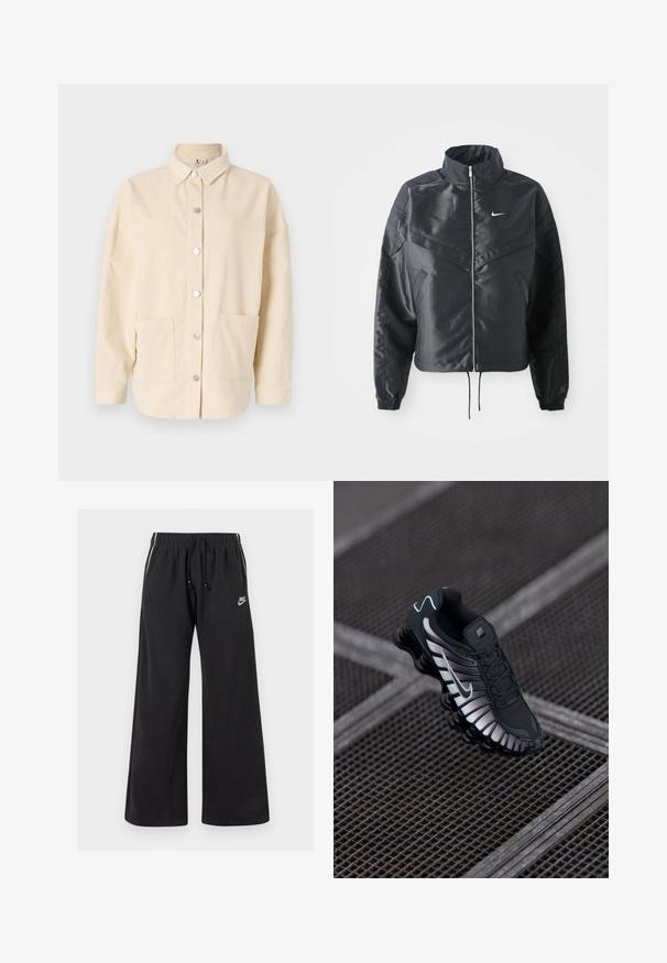 Czarna krótka kurtka z wysokim kołnierzem, zamek błyskawiczny, ściągacze z elastanu i białe logo Nike. Gładki, błyszczący materiał o lekko teksturowanej powierzchni.; Kremowa kurtka koszulowa z materiału sztruksowego, z kołnierzykiem, z zamknięciem na srebrne guziki i dwiema przednimi kieszeniami. Luźny krój i teksturowany materiał.; Czarne dresy wykonane z miękkiego materiału, z elastycznym paskiem w talii z sznurkiem, bocznymi paskami i małym logo z przodu po lewej stronie.; Czarne sportowe buty z teksturowaną siateczką, srebrnymi akcentami, wsparciem łuku i wyściełaną podeszwą z wydzielonym wzorem.
