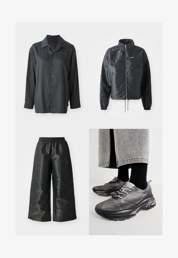 Black cropped jacket with high collar, zip closure, elastane cuffs, and a white Nike logo. Smooth, shiny fabric with a slightly textured surface.; Black long-sleeve shirt, smooth fabric, button-up front, pointed collar, subtle "AIR JORDAN" embroidery on the chest, relaxed fit.; Black athletic pants with a shiny, smooth fabric, featuring an elastic waistband, wide legs, and a small logo on the left side.; Black and gray athletic shoes feature a mesh upper, thick soles, and laces. They have a rounded toe and visible cushioning detail.