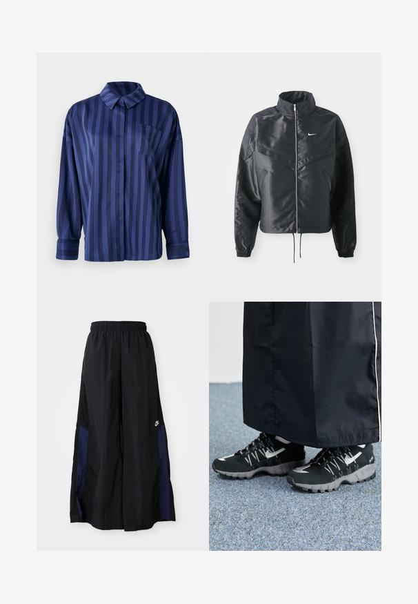 Casaco preto curto com colarinho alto, fecho de zip, punhos em elastano e um logótipo Nike branco. Tecido suave e brilhante com uma superfície ligeiramente texturizada.; Camisa riscada azul-marinho com colarinho, bolso no peito e mangas longas. Feita de um tecido suave e brilhante com um corte solto.; Calças largas pretas feitas de tecido leve, com um painel lateral azul-marinho e cintura elástica. Pequeno logótipo branco na parte inferior.; Tênis atléticos pretos com um cabedal texturizado, detalhes prateados e um solado estampado, combinados com uma peça longa preta. Ambientado sobre um tapete azul.