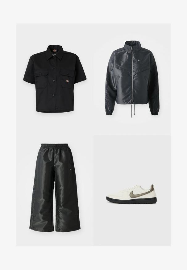 Casaco preto curto com colarinho alto, fecho de zip, punhos em elastano e um logótipo Nike branco. Tecido suave e brilhante com uma superfície ligeiramente texturizada.; Camisa preta de mangas curtas feita de tecido durável, com dois grandes bolsos frontais e um design abotoado com colarinho.; Calças atléticas pretas com um tecido brilhante e suave, apresentando uma cintura elástica, pernas largas e um pequeno logotipo do lado esquerdo.; Nike Sportswear FIELD GENERAL - Sapatilhas - off-white/black