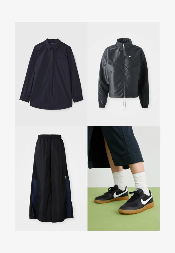 Črna skrajšana jakna z visokim ovratnikom, zadrgo, elastan rokavi in belim logotipom Nike. Gladek, sijoč material z rahlo teksturirano površino.; Temno modra srajca z dolgimi rokavi, ovratnikom, gumbom za zapiranje, enim žepom na prsih in elastičnimi manšeti. Narejena iz gladkega blaga.; Črne široke hlače iz lahkega materiala, z morsko modrim stranskim panelom in elastičnim pasom. Majhna bela oznaka na dnu.; Črne usnjene in sintetične superge z belim Nike swooshom, gumo na podplatu, okroglo konico ter črnimi vezalkami. Vidne so rebraste bele nogavice.