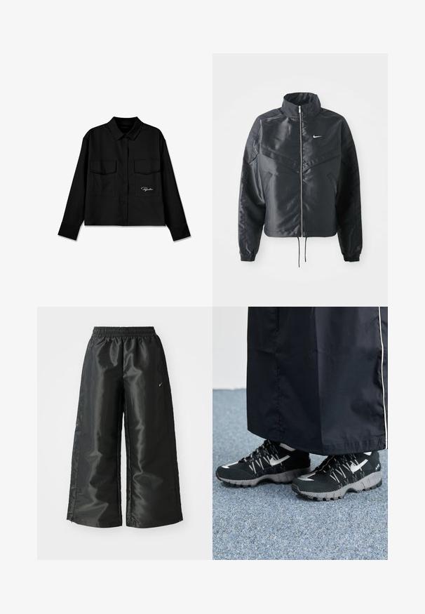 Giacca nera cropped con colletto alto, chiusura a zip, polsini in elastan e logo Nike bianco. Tessuto liscio e lucido con una superficie leggermente texturizzata.; Maglietta nera crop con colletto a punta, doppie tasche sul petto, chiusura con bottoni e logo ricamato sul lato sinistro. Tessuto dalla texture liscia.; Pantaloni sportivi neri con un tessuto lucido e morbido, dotati di una vita elasticizzata, gambe larghe e un piccolo logo sul lato sinistro.; Scarpe sportive nere con tomaia testurizzata, dettagli argentati e suola con motivo, abbinate a un lungo indumento nero. Ambientate su un tappeto blu.