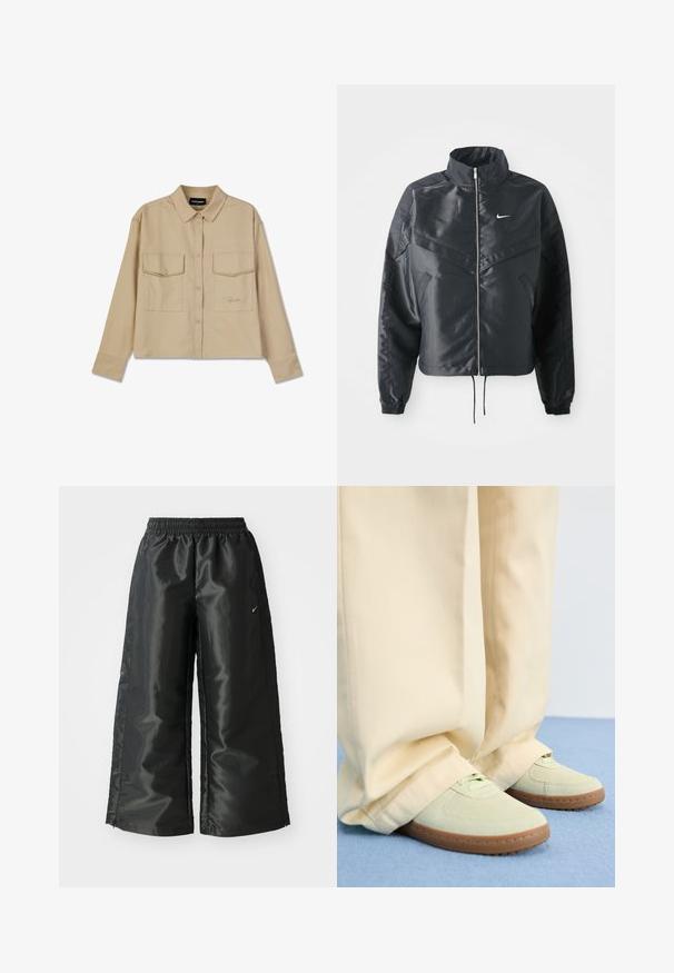Chaqueta negra corta con cuello alto, cierre de cremallera, puños de elastano y un logo de Nike en blanco. Tejido suave y brillante con una superficie ligeramente texturizada.; Camisa de manga larga beige, hecha de una tela suave, con cierre de botones, dos bolsillos en el pecho y un dobladillo recto. Bordado sutil del logotipo en la parte delantera.; Pantalones deportivos negros de tejido brillante y suave, con una cinturilla elástica, pierna ancha y un pequeño logo en el lado izquierdo.; Zapatillas de ante verde con puntas redondeadas y suelas texturizadas, combinadas con pantalones anchos beige, sobre una superficie azul.