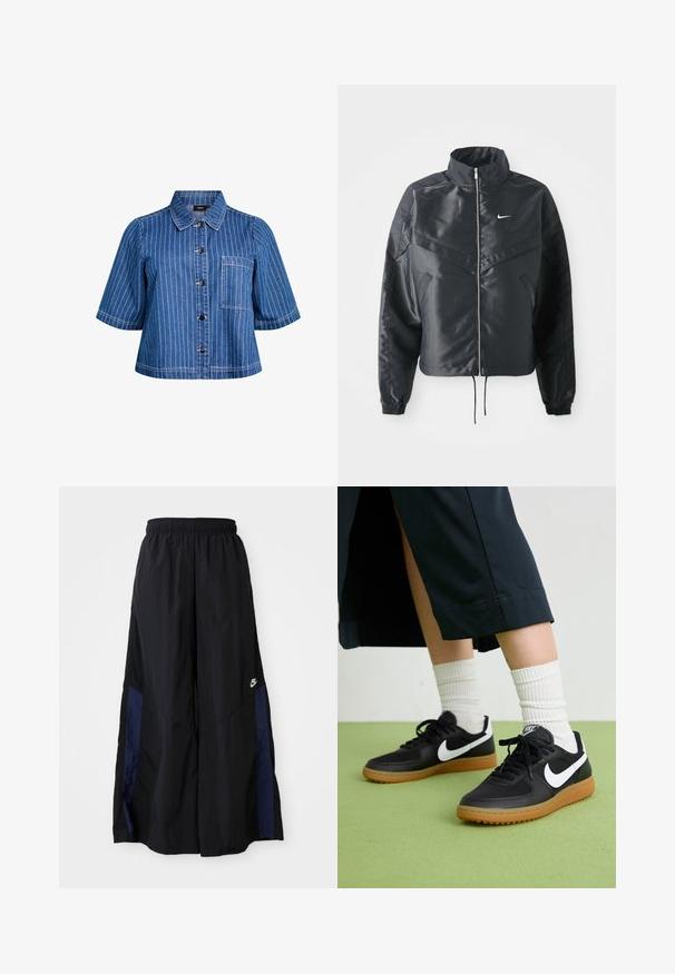 Black cropped jacket with high collar, zip closure, elastane cuffs, and a white Nike logo. Smooth, shiny fabric with a slightly textured surface.; Short-sleeve denim jacket in dark blue with white vertical stripes, button closure, collar, and front pocket. Smooth texture and casual design.; Black wide-leg pants made of lightweight fabric, featuring a navy blue side panel and an elastic waistband. Small white logo on bottom.; Black leather and synthetic sneakers with white Nike swoosh, rubber gum sole, round toe, and black laces. Ribbed white socks visible.