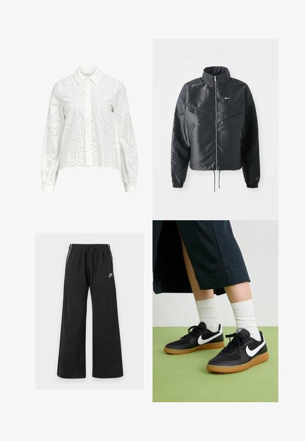 Juoda trumpa striukė su aukštu coloru, užtrauktuku, elastaniniu rankogaliu ir balta Nike logotipu. Lygus, blizgus audinys su šiek tiek tekstūruotu paviršiumi.; Balta ilgomis rankovėmis palaidinė su apykakle, puošta eyelet siuvinėjimu paisley raštu ir sagomis priekyje.; Juodos sportinės kelnės, pagamintos iš minkštos medžiagos, su elastingu juosmeniu ir virvute, šoninėmis juostomis ir maža logotipu kairėje priekyje.; Juodos odinės ir sintetinių medžiagų sportbačiai su balta Nike swoosh, guminis padas, apvalus pirštas ir juodi raišteliai. Matomos banguotos baltos kojinės.