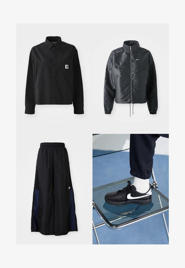 Black cropped jacket with high collar, zip closure, elastane cuffs, and a white Nike logo. Smooth, shiny fabric with a slightly textured surface.; Black long-sleeve shirt with a textured waffle pattern, button-up front, collar, and a chest pocket featuring a logo patch.; Black wide-leg pants made of lightweight fabric, featuring a navy blue side panel and an elastic waistband. Small white logo on bottom.; Black Nike sneakers with white accents, featuring a smooth leather texture, lace-up design, and rounded toe, positioned on a glass chair.