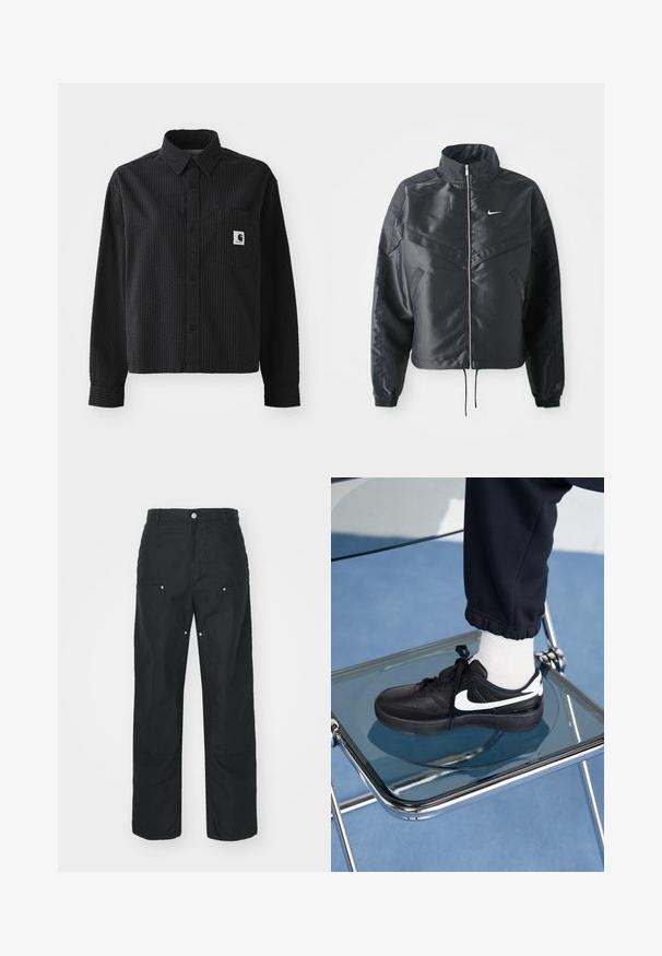Black cropped jacket with high collar, zip closure, elastane cuffs, and a white Nike logo. Smooth, shiny fabric with a slightly textured surface.; Black long-sleeve shirt with a textured waffle pattern, button-up front, collar, and a chest pocket featuring a logo patch.; Black trousers with a straight-leg design, made of a textured fabric. Features decorative silver hardware and unique seam detailing.; Black Nike sneakers with white accents, featuring a smooth leather texture, lace-up design, and rounded toe, positioned on a glass chair.