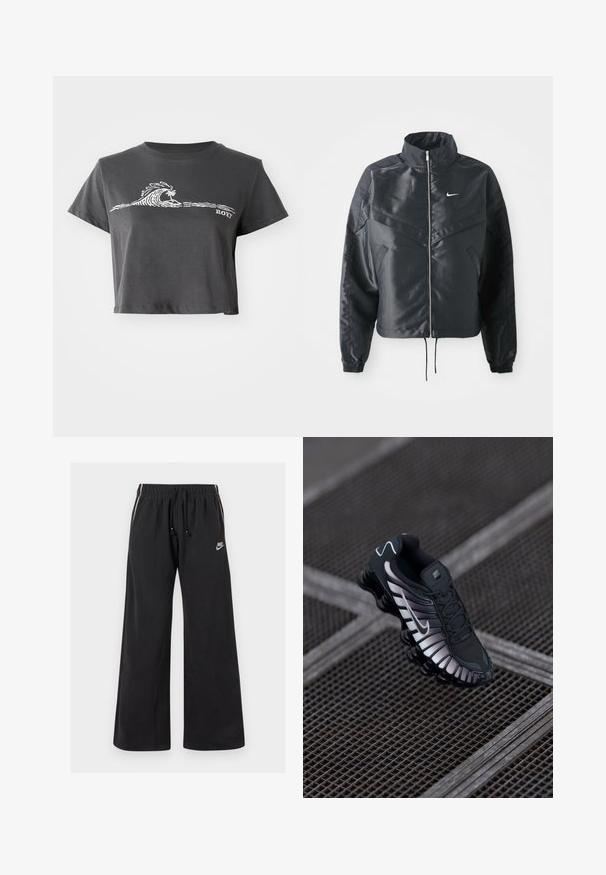 Černá zkrácená bunda s vysokým límcem, zipovým zapínáním, elastickými manžetami a bílým logem Nike. Hladká, lesklá látka s mírně strukturovaným povrchem.; Tmavě šedé zkrácené tričko s bílou stylizovanou vlnou, grafikou palmy a textem "ROXY" na přední straně.; Černé tepláky vyrobené z měkké látky, s elastickým pasem a stahovací šňůrou, bočními pruhy a malým logem na levé přední straně.; Černá sportovní obuv s texturovaným síťovaným svrškem, stříbrnými akcenty, podporou klenby a polstrovanou podrážkou se specifickým segmentovaným designem.