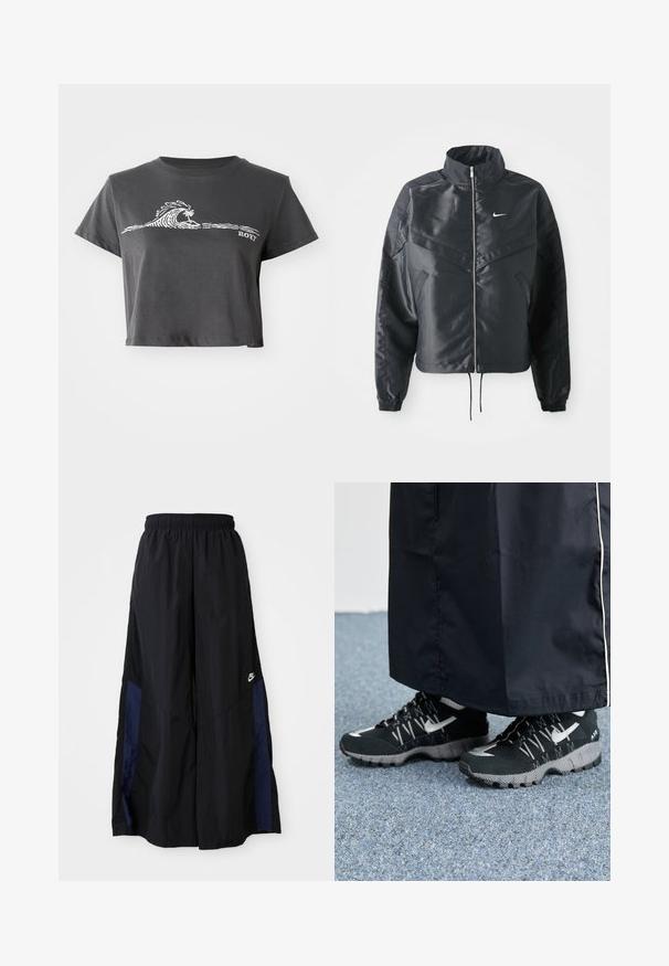 Mustat lyhyet takit, joissa on korkea kaulus, vetoketjukiinnitys, elastaanista valmistetut hihan suut ja valkoinen Nike-logo. Sileä, kiiltävä kangas, jossa on hieman tekstuuria.; Tummanharmaa lyhythihainen T-paita, jossa on valkoinen tyylitelty aalto, palmupuu-koriste ja "ROXY"-teksti edessä.; Musta leveälahkeinen housu, joka on valmistettu kevyestä kankaasta. Housuissa on tummansininen sivupaneeli ja joustava vyötärö. Alhaalla on pieni valkoinen logo.; Mustat urheilukengät, joissa on teksturoitu päällinen, hopeiset yksityiskohdat ja kuvioitu ulkopohja, yhdistettynä mustaan pitkään vaatteeseen. Taustalla sininen matto.