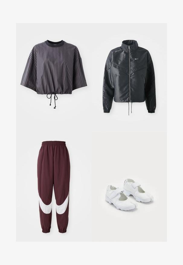 Juoda trumpa striukė su aukštu coloru, užtrauktuku, elastaniniu rankogaliu ir balta Nike logotipu. Lygus, blizgus audinys su šiek tiek tekstūruotu paviršiumi.; Trumpas, tamsiai pilkas palaidinukas su vertikaliomis juostelėmis. Su raišteliu apatinėje dalyje ir apykakle su apvadu juoda spalva.; Bordo sportinės kelnės su baltu išlenktu juostelių dizainu, elastinga juosmens juosta ir siaurėjančiais rankogaliais. Pagamintos iš lengvos, kvėpuojančios medžiagos.; Balti sportiniai batai su tekstūruota viršutine dalimi, reguliuojama Velcro juosta, apvaliu nosiu ir storu padu su išskirtiniu protektoriumi.