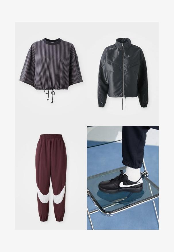 Giacca nera cropped con colletto alto, chiusura a zip, polsini in elastan e logo Nike bianco. Tessuto liscio e lucido con una superficie leggermente texturizzata.; Top corto a maniche corte in grigio scuro con righe verticali. Caratterizzato da un orlo con cordino e un collo rotondo con un bordo nero a contrasto.; Pantaloni da allenamento color bordeaux con un design a strisce curve bianche, vita elastica e polsini affusolati. Realizzati in materiale leggero e traspirante.; Sneakers Nike neri con accenti bianchi, caratterizzati da una superficie in pelle liscia, design con lacci e punta rotonda, posizionati su una sedia di vetro.