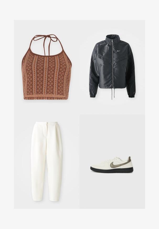 Čierna skrátená bunda s vysokým golierom, zipsovým uzatváraním, elastickými manžetami a bielym logom Nike. Hladká, lesklá tkanina s mierne textúrovaným povrchom.; Hnedý vzorovaný crop top na šnurovanie s geometrickými motívmi a krémovými akcentmi, nastaviteľné viazanie okolo krku a mäkký textúrovaný povrch.; Biele nohavice s vysokým pásom a zužujúcim sa strihom, s skrytým predným zapínaním a bočnými vreckami, vystavené na jednofarebnom bielom pozadí.; Nike Sportswear FIELD GENERAL - Tenisky - off-white/black