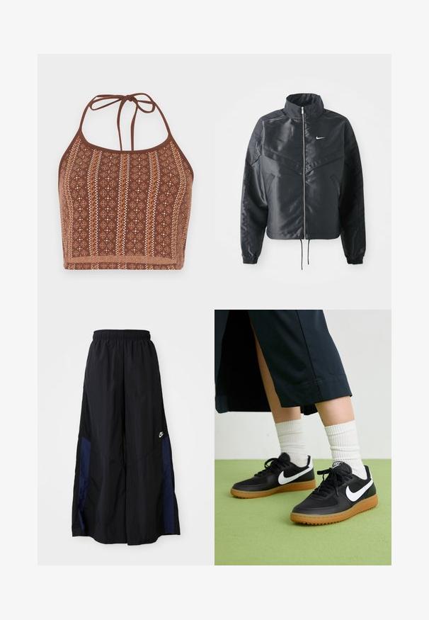 Must kolledžiga must lühike jope, millel on lukuga sulgus, elastne mansett ja valge Nike logo. Sile, läikiv kangas, millel on veidi tekstureeritud pind.; Pruunist mustriga halter-crop top, millel on geomeetrilised disainid ja kreemjad aktsendid, reguleeritavad kaelapaelad ja pehme tekstuurse viimistlusega.; Mustad laiad mustad püksid kergest kangast, millel on tumesinine külgpaneel ja elastne vöökoht. Väike valge logo allservas.; Mustad nahast ja sünteetilised sneekerid valge Nike logoga, kummist gumme, ümar nina ja mustad paelad. Näha ribakujulisi valgeid sokke.