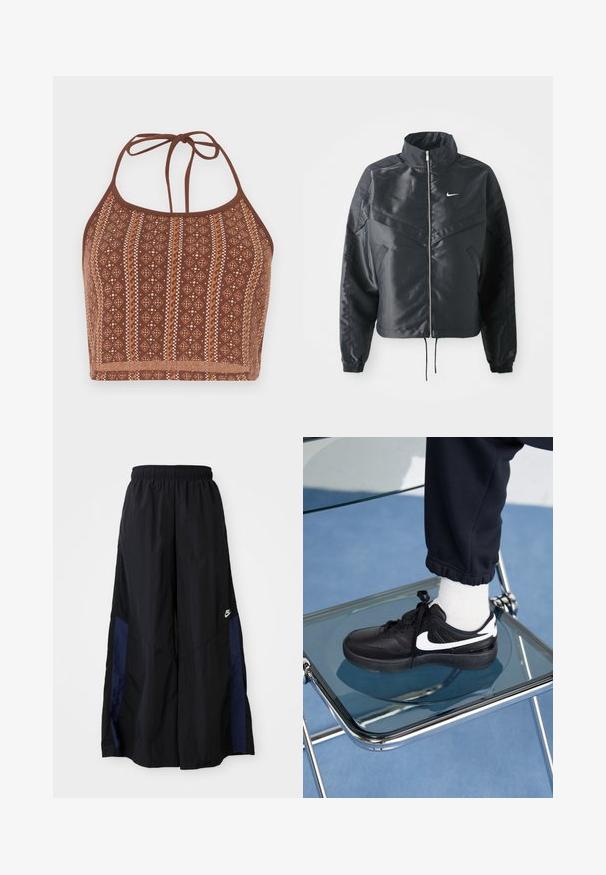 Schwarze, verkürzte Jacke mit hohem Kragen, Reißverschluss, Elastan-Ärmeln und einem weißen Nike-Logo. Glattes, glänzendes Material mit leicht strukturiertem Oberflächeneffekt.; Braun gemusterter Halter-Crop-Top mit geometrischen Designs und schneeweißen Akzenten, verstellbaren Nackenbändern und einer weichen Textur.; Schwarze weit geschnittene Hose aus leichtem Stoff, mit einem dunkelblauen Seitenpanel und einem elastischen Bund. Kleines weißes Logo am unteren Ende.; Schwarze Nike-Sneaker mit weißen Akzenten, die über eine glatte Ledertextur, ein Schnürdesign und eine abgerundete Zehenform verfügen, platziert auf einem Glasstuhl.