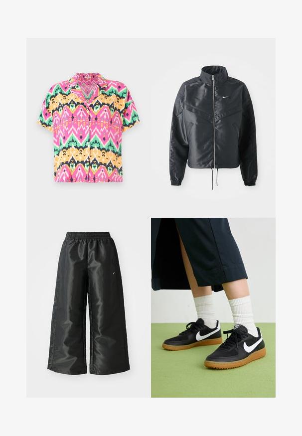 Mustat lyhyet takit, joissa on korkea kaulus, vetoketjukiinnitys, elastaanista valmistetut hihan suut ja valkoinen Nike-logo. Sileä, kiiltävä kangas, jossa on hieman tekstuuria.; Lyhytnokkaisen paidan, jossa on kirkas monivärinen zigzag-kuvio, jossa on vaaleanpunaista, vihreää, keltaista ja mustaa. Valmistettu kevyestä kankaasta, jossa on kaulustoppi.; Mustat urheiluhaut, joissa on kiiltävä ja sileä kangas, elastinen vyötärö, leveät lahkeet ja pieni logo vasemmalla puolella.; Mustat nahka- ja synteettiset urheilukengät, joissa on valkoinen Nike-merkki, kuminen pohja, pyöreä kärki ja mustat nauhat. Raitapintaiset valkoiset sukat näkyvissä.