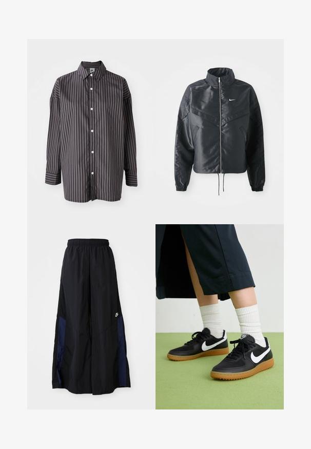 Czarna krótka kurtka z wysokim kołnierzem, zamek błyskawiczny, ściągacze z elastanu i białe logo Nike. Gładki, błyszczący materiał o lekko teksturowanej powierzchni.; Czarna i ciemnoszara koszula z długim rękawem w paski, z kołnierzykiem, z przodem zapinanym na guziki oraz luźnym krojem. Gładka tekstura materiału.; Czarne spodnie szerokie wykonane z lekkiego materiału, z granatowym bocznym panelem i elastycznym paskiem w talii. Małe białe logo na dole.; Czarne skórzane i syntetyczne sneakersy z białym logo Nike, gumową podeszwą, okrągłym noskiem i czarnymi sznurowadłami. Widziane są ribbowane białe skarpetki.