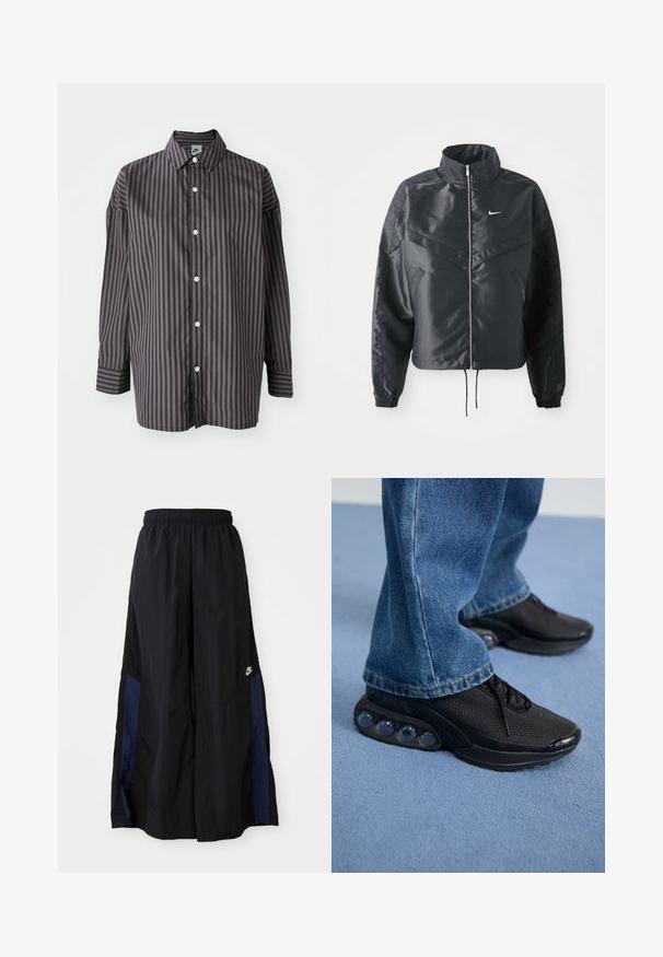 Casaco preto curto com colarinho alto, fecho de zip, punhos em elastano e um logótipo Nike branco. Tecido suave e brilhante com uma superfície ligeiramente texturizada.; Camisa de manga longa às riscas preta e cinza escuro com colarinho, fecho frontal por botões e um corte relaxado. Textura de tecido suave.; Calças largas pretas feitas de tecido leve, com um painel lateral azul-marinho e cintura elástica. Pequeno logótipo branco na parte inferior.; Ténis atléticos pretos com parte superior em malha, detalhes texturizados e almofadas de amortecimento de ar visíveis na sola. Usados com uns jeans de ganga azuis.