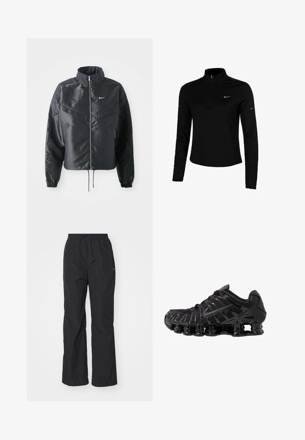 Black cropped jacket with high collar, zip closure, elastane cuffs, and a white Nike logo. Smooth, shiny fabric with a slightly textured surface.; Black long-sleeve athletic top with a half zip, collar, reflective Nike logo, and flatlock seams for comfort and a snug fit.; Black, lightweight pants with an elastic waistband and drawstring. Features a textured finish and a small reflective logo on the side.; Black athletic shoe with mesh upper and glossy overlays. Features curved coil cushioning and textured lines on the side. Nike logo visible.