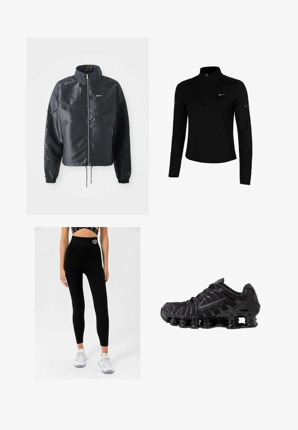 Mustat lyhyet takit, joissa on korkea kaulus, vetoketjukiinnitys, elastaanista valmistetut hihan suut ja valkoinen Nike-logo. Sileä, kiiltävä kangas, jossa on hieman tekstuuria.; Mustat pitkähihaiset urheilu paita, jossa on puoliveto, kaulus, heijastava Nike-logo ja litteät saumat mukavuutta ja tiivistä istuvuutta varten.; Mustat ribbed legginsit korkealla vyötäröllä, jossa on logo, yhdessä valkoisten tennareiden kanssa, esittäen tiukkaa muotoilua ja pehmeää rakennetta.; Mustat urheilukengät, joissa on verkkoyläosa ja kiiltävät yksityiskohdat. Varustettu kaarevalla jousituksella ja teksturoiduilla viivoilla sivuilla. Nike-logo näkyvissä.