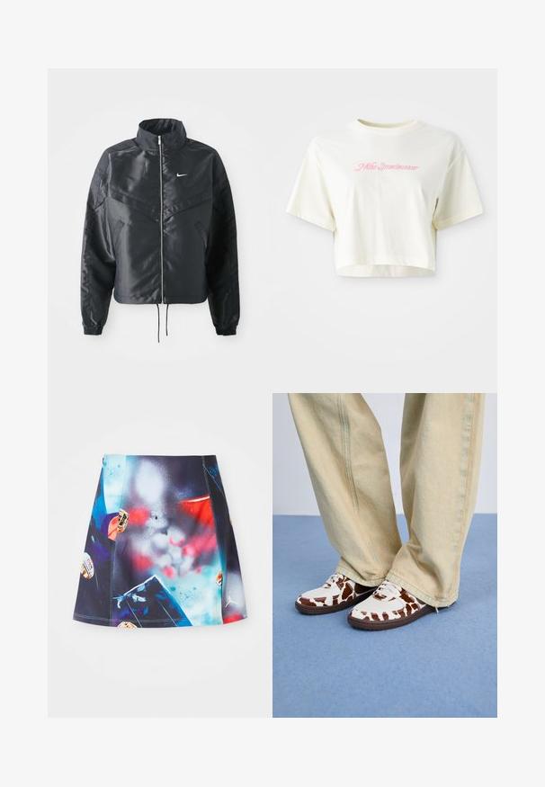 Black cropped jacket with high collar, zip closure, elastane cuffs, and a white Nike logo. Smooth, shiny fabric with a slightly textured surface.; Cropped, cream-colored t-shirt made of cotton. Features a pink embroidered logo that reads "Nike Sportwear." Short sleeves and a round neckline.; Short, multicolored sports skirt featuring a vibrant splatter design with accents and logos. Made of lightweight, breathable fabric.; White and brown patterned sneakers with mesh and leather, featuring brown rubber soles. Paired with light beige wide-leg pants.