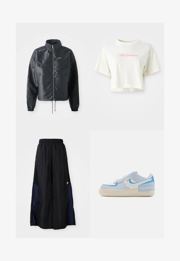 Fekete, rövidített dzseki magas gallérral, cipzáras záródással, elasztikus mandzsettákkal, és fehér Nike logóval. Simább, fényes anyag, enyhén textúrázott felülettel.; Rövid ujjú, krém színű, pamutból készült póló. A bal mellrészen rózsaszín hímezett logó található, amelyen a "Nike Sportwear" felirat olvasható. Kerek nyakú.; Fekete, bő szárú nadrág könnyű anyagból, tengerészkék oldalsó panellel és elasztikus derékkal. Kicsi fehér logó az alján.; Kék és fehér sportcipő, bőr felsőrésszel, perforált orrrésszel, párnázott bokarésszel és krém színű gumitalppal. Az "AIR" márkajelzés a sarokpanelen található.