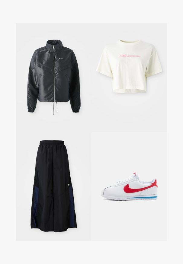 Casaco preto curto com colarinho alto, fecho de zip, punhos em elastano e um logótipo Nike branco. Tecido suave e brilhante com uma superfície ligeiramente texturizada.; T-shirt cortada, de cor creme, feita de algodão. Apresenta um logo bordado em rosa que diz "Nike Sportwear". Com mangas curtas e gola redonda.; Calças largas pretas feitas de tecido leve, com um painel lateral azul-marinho e cintura elástica. Pequeno logótipo branco na parte inferior.; Sapatilha branca com um swoosh vermelho, um destaque azul na sola e atacadores brancos. Parte superior texturizada com detalhes costurados. Design clássico.