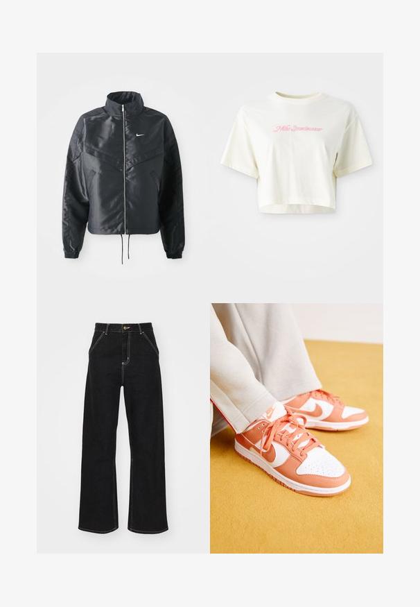 Svart cropped jakke med høy krage, glidelåsåpning, elastiske mansjetter og en hvit Nike-logo. Glatt, shiny stoff med en lett teksturert overflate.; Beskåret kremfarget t-skjorte laget av bomull. Har en rosa brodert logo med teksten "Nike Sportswear." Korte ermer og rund hals.; Svarte vide jeans laget av denim, med kontrasterende hvite sømmer og en frontknapplukking, samt to skrå frontlommer.; Nike Dunk-sko i hvit og korall, med glatt lær, teksturert tunge, perforeringer på tåen og flate korallsnøringer.