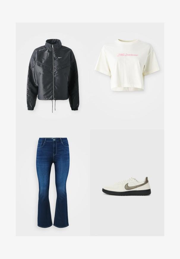 Svart cropped jakke med høy krage, glidelåsåpning, elastiske mansjetter og en hvit Nike-logo. Glatt, shiny stoff med en lett teksturert overflate.; Beskåret kremfarget t-skjorte laget av bomull. Har en rosa brodert logo med teksten "Nike Sportswear." Korte ermer og rund hals.; Mørkeblå utsvingte jeans laget av denim, med fem-lomme design, glidelås med knapp, og kontrasterende sømmer langs sømmene.; Nike Sportswear FIELD GENERAL - Joggesko - off-white/black