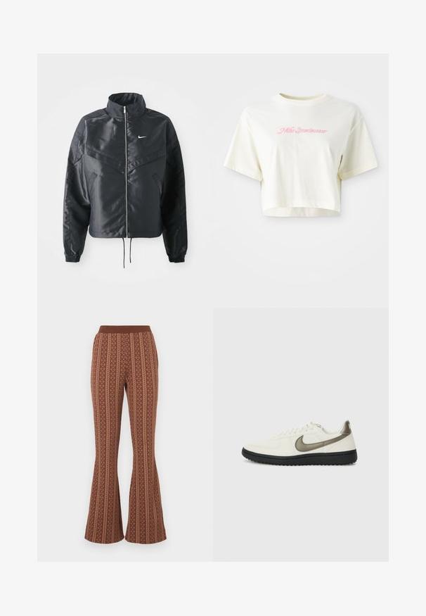 Veste noire courte avec col haut, fermeture éclair, poignets en élasthanne et logo Nike blanc. Tissu lisse et brillant avec une surface légèrement texturée.; T-shirt cropped de couleur crème en coton. Présente un logo brodé rose avec l'inscription "Nike Sportwear". Manches courtes et encolure ronde.; Pantalons évasés marron avec un motif comprenant des rayures verticales et des formes géométriques. Ceinture élastique, texture douce.; Nike Sportswear FIELD GENERAL - Baskets basses - off-white/black