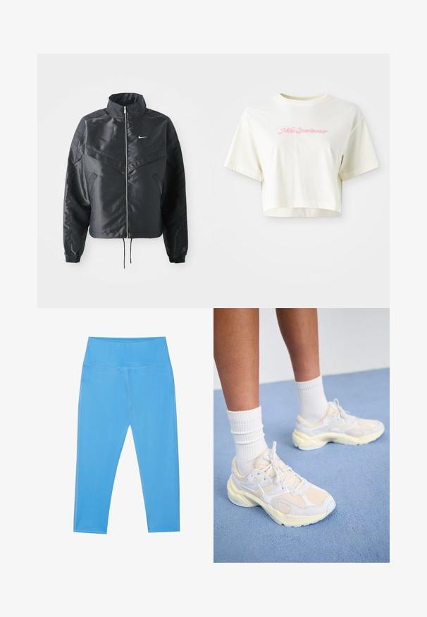 Casaco preto curto com colarinho alto, fecho de zip, punhos em elastano e um logótipo Nike branco. Tecido suave e brilhante com uma superfície ligeiramente texturizada.; T-shirt cortada, de cor creme, feita de algodão. Apresenta um logo bordado em rosa que diz "Nike Sportwear". Com mangas curtas e gola redonda.; Leggings elásticos azuis com cintura alta, textura suave, corte até ao tornozelo e detalhes de costura subtil ao longo dos lados.; Sapatilhas atléticas elegantes em amarelo claro e branco, com materiais de malha e sintéticos, de forma arredondada e solas texturizadas.