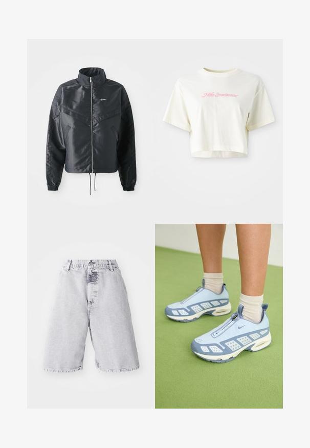 Mustat lyhyet takit, joissa on korkea kaulus, vetoketjukiinnitys, elastaanista valmistetut hihan suut ja valkoinen Nike-logo. Sileä, kiiltävä kangas, jossa on hieman tekstuuria.; Lyhennetty, kermanvärinen t-paita, joka on valmistettu puuvillasta. Siinä on vaaleanpunainen brodeerattu logo, jossa lukee "Nike Sportwear." Lyhyet hihat ja pyöreä pääntie.; Vaaleanharmaat farkkushortsit, joissa on haalistunut pinta. Varustettu napilla ja vetoketjulla, vyölenkeillä ja suoralinjaisella lahkeella.; Vaaleansiniset urheilukengät valkoisilla yksityiskohdilla, tekstuuripaneeleilla ja vetoketjukiinnityksellä. Varustettu näkyvällä ilmatyynykannan ja kumipohjan.