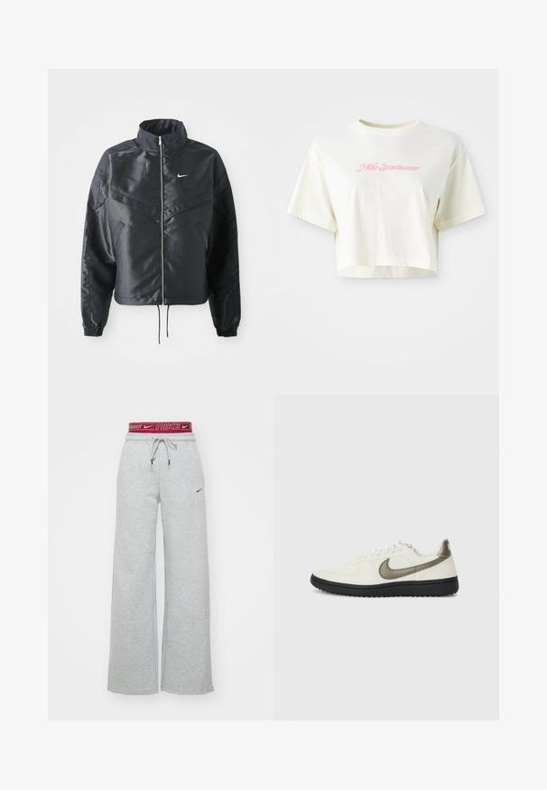Melna apgriezta jaka ar augstu apkakli, rāvējslēdzēja aizdari, elastīna aprocēm un baltu Nike logo. Gluda, spīdīga auduma ar nedaudz teksturētu virsmu.; Izgriezta, krēmkrāsas T-kreklu, kas izgatavots no kokvilnas. Piedāvā rozā izšūtu logotipu ar uzrakstu "Nike Sportwear". Īsas piedurknes un apaļa izgriezuma kakla vieta.; Nike Sportswear SPORTSWEAR PHOENIX FLEECE - Treniņtērpa apakšdaļas - grey heather; Nike Sportswear FIELD GENERAL - Treniņu apavi - off-white/black
