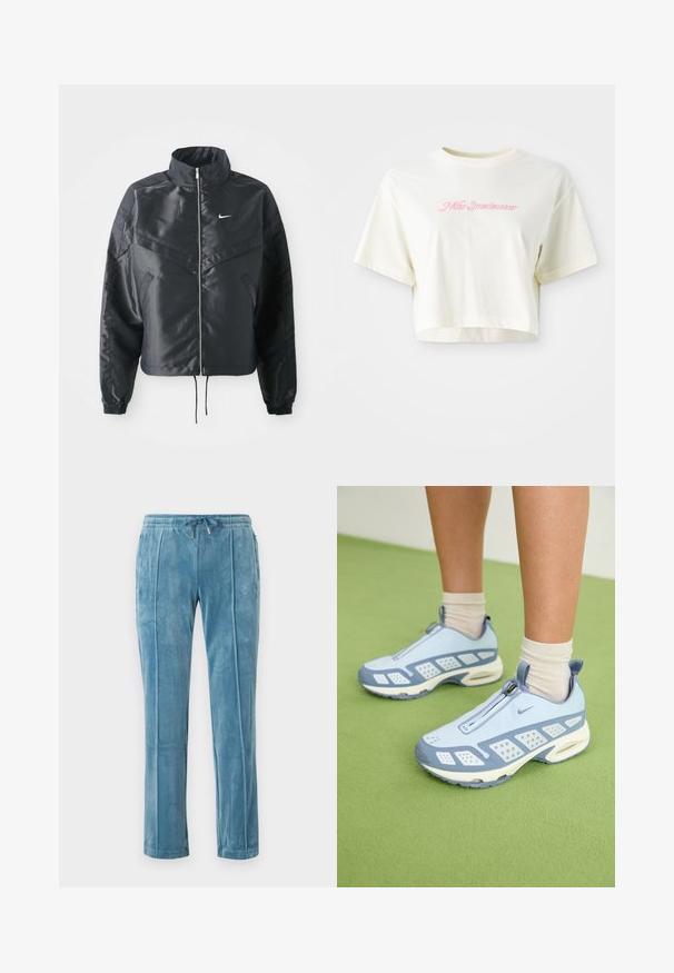 Casaco preto curto com colarinho alto, fecho de zip, punhos em elastano e um logótipo Nike branco. Tecido suave e brilhante com uma superfície ligeiramente texturizada.; T-shirt cortada, de cor creme, feita de algodão. Apresenta um logo bordado em rosa que diz "Nike Sportwear". Com mangas curtas e gola redonda.; Calças de veludo macio azul claro, com cintura elástica e cordão, apresentando dois bolsos laterais e detalhes de piping à frente.; Sapatos de desporto azul claro com acabamento branco, painéis texturizados e fecho de zíper. Apresentam uma sola com amortecimento visível e sola em borracha.